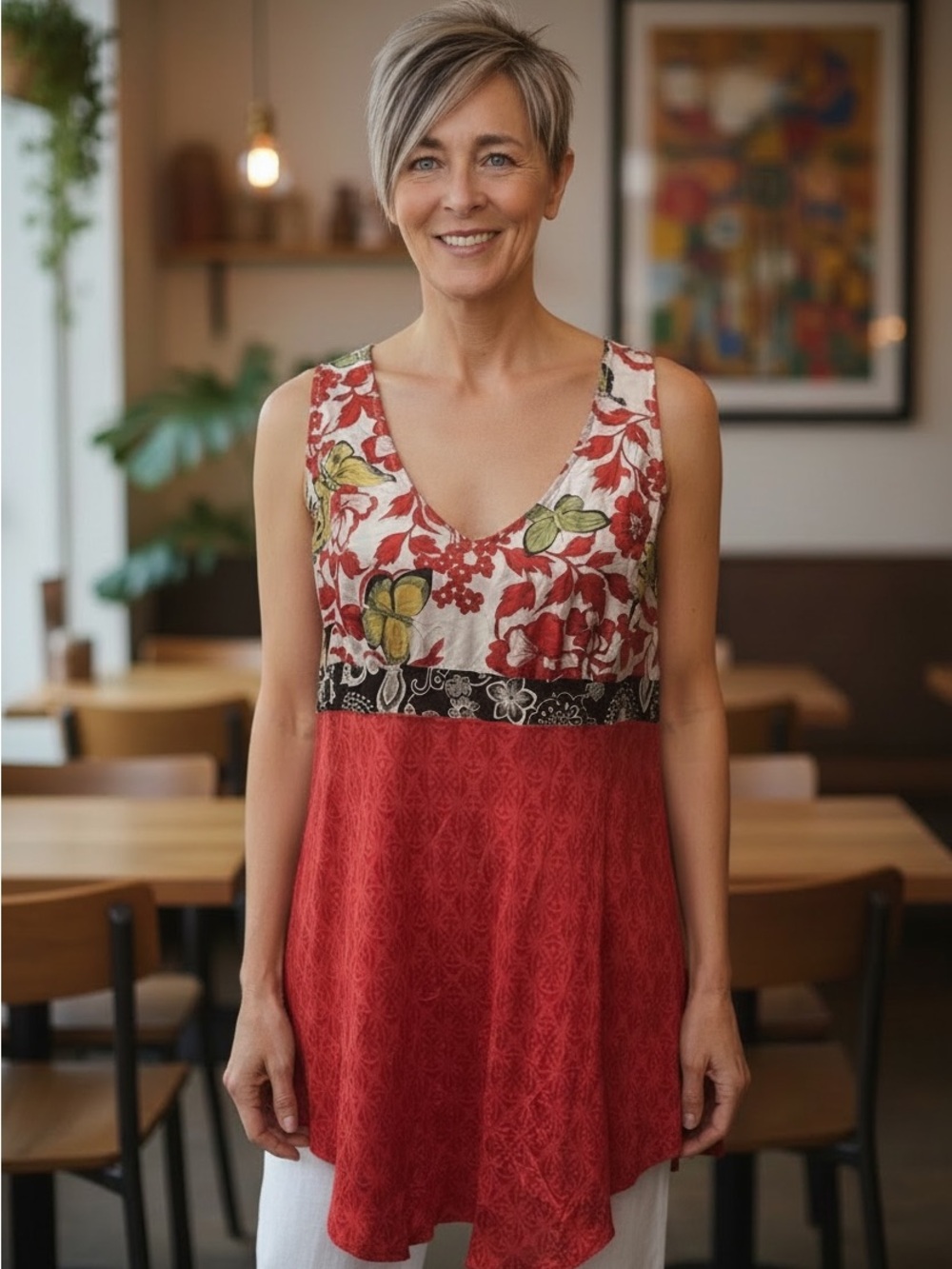 CAbi Red Floral V-Neck Butterfly Tunic Tank Top - Women
